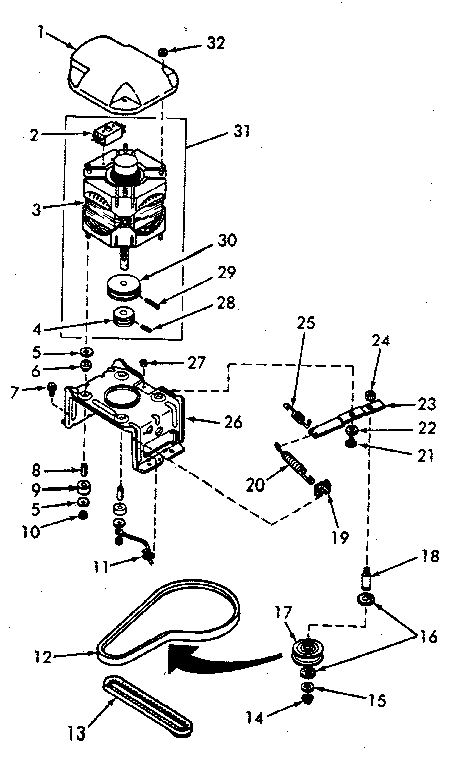 Motor, Mounting Bracket, Belts And Idler Assembly Diagram and Parts List for NA8631W33921  Speed Queen Washer