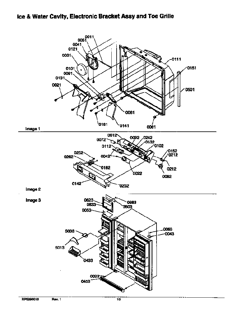 Ice & Water Cavity, Electronic Assy & Toe Grille Diagram and Parts List for SRD526TW-P1310201WW  Amana Refrigerator