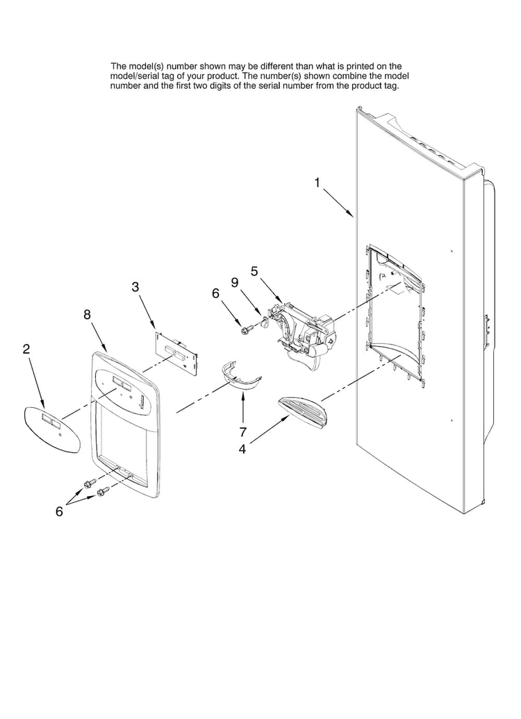 Dispenser Front Parts Diagram and Parts List for AFI2538AES13  Amana Refrigerator
