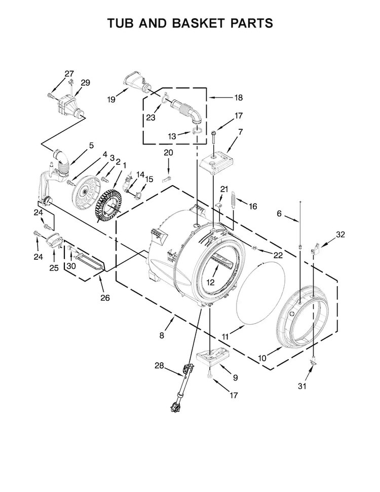 Tub And Basket Parts Diagram and Parts List for MHW8000AW0  Maytag Washer