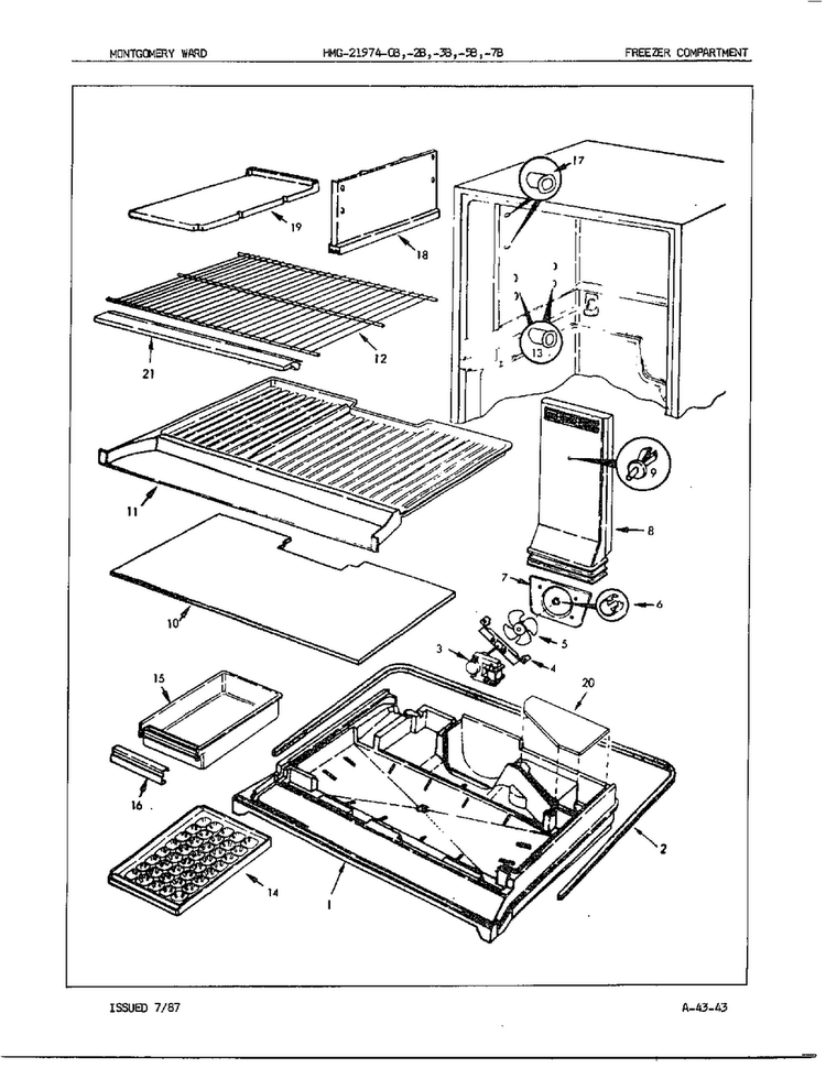 Freezer Compartment Diagram and Parts List for 21974A  Admiral Refrigerator