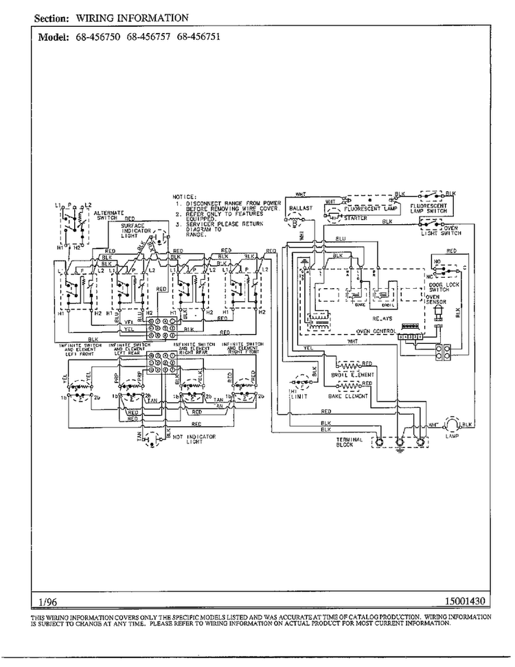 Wiring Information Diagram and Parts List for 68-456750  Magic Chef Range