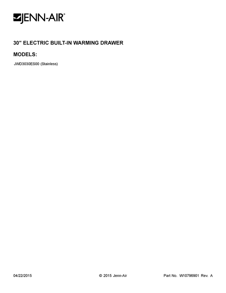 Cover Sheet Diagram and Parts List for JWD3030ES00  Jenn-Air Warming Drawer