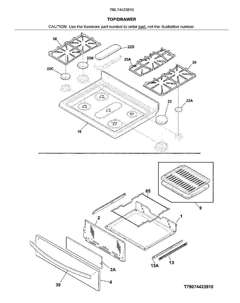Top/Drawer Diagram and Parts List for 79074423810  Kenmore Range