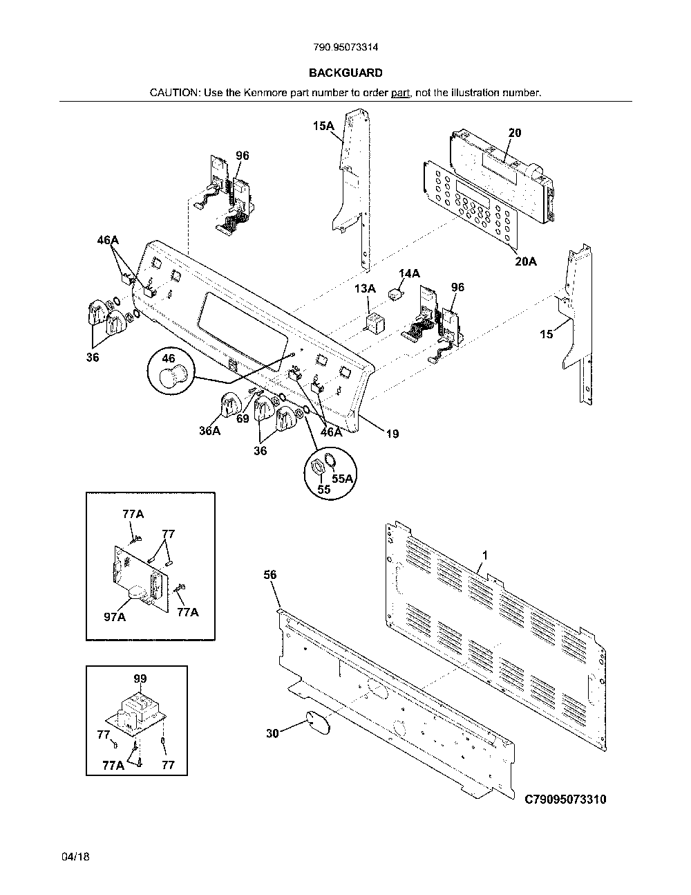 Backguard Diagram and Parts List for 79095073314  Kenmore Range