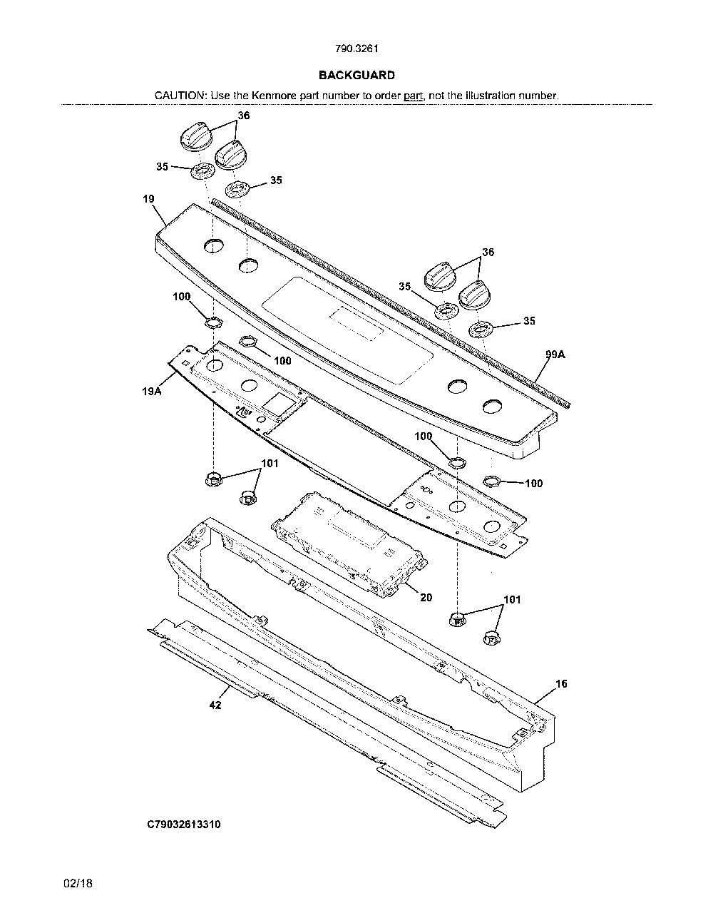 Backguard Diagram and Parts List for 7903261331B  Kenmore Range