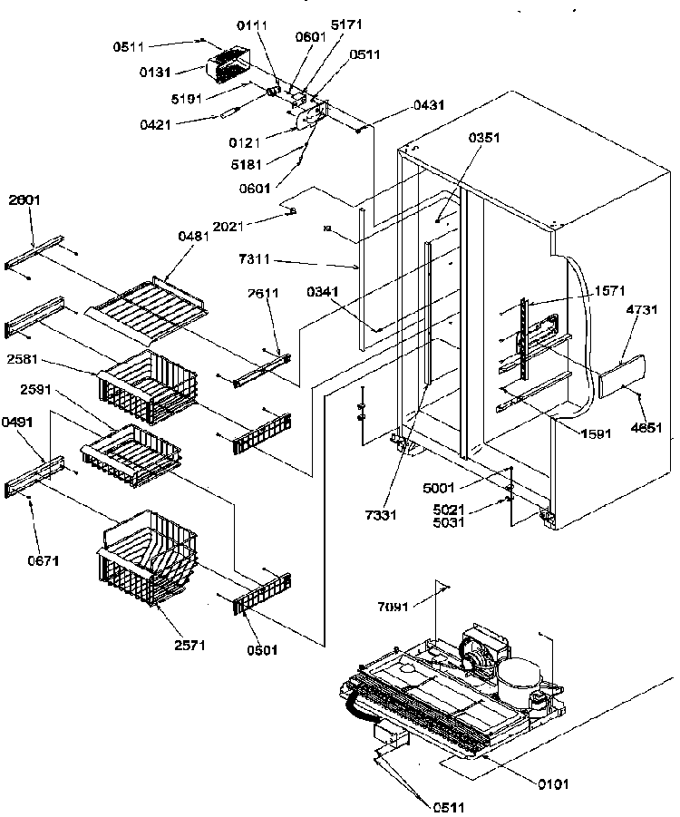 Freezer Shelves And Lights Diagram and Parts List for SRD325S5E-P1307201WE  Amana Refrigerator