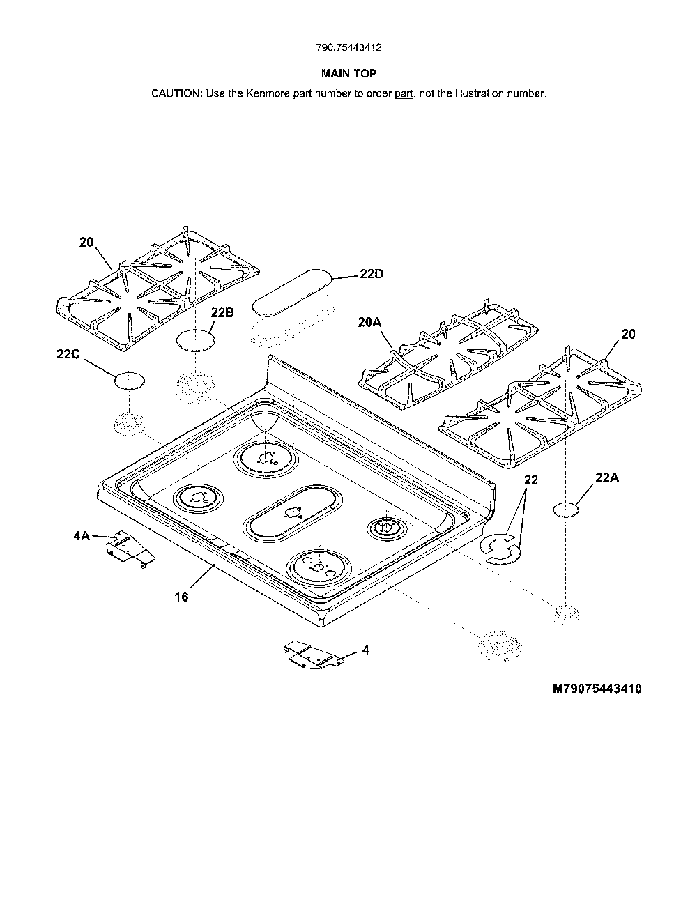 Main Top Diagram and Parts List for 79075443412  Kenmore Range