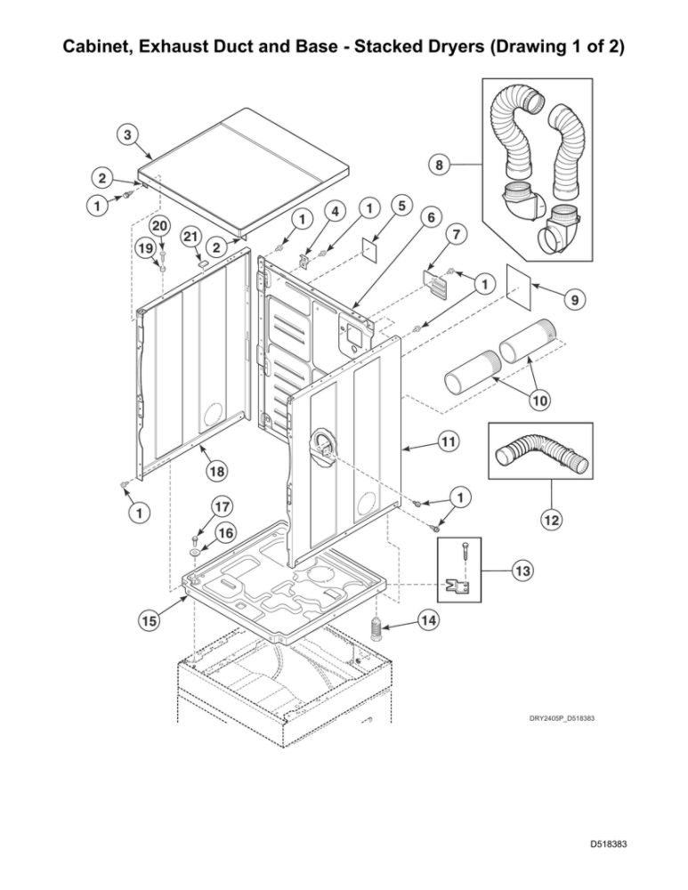 Cabinet/Exhaust Duct/Base-Stacked Dryers 1 Diagram and Parts List for LSGE5AGW113TW01 2001000001 Speed Queen Dryer