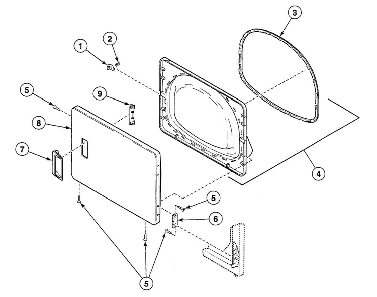 Door Assy Diagram and Parts List for SSGY09WF  Speed Queen Dryer
