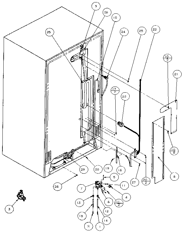 Cabinet Back Diagram and Parts List for 36761-P1135802W  Amana Refrigerator