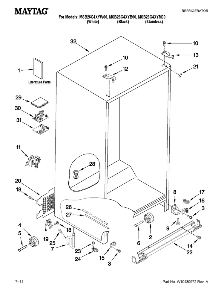 Cabinet Parts Diagram and Parts List for MSB26C4XYM00  Maytag Refrigerator