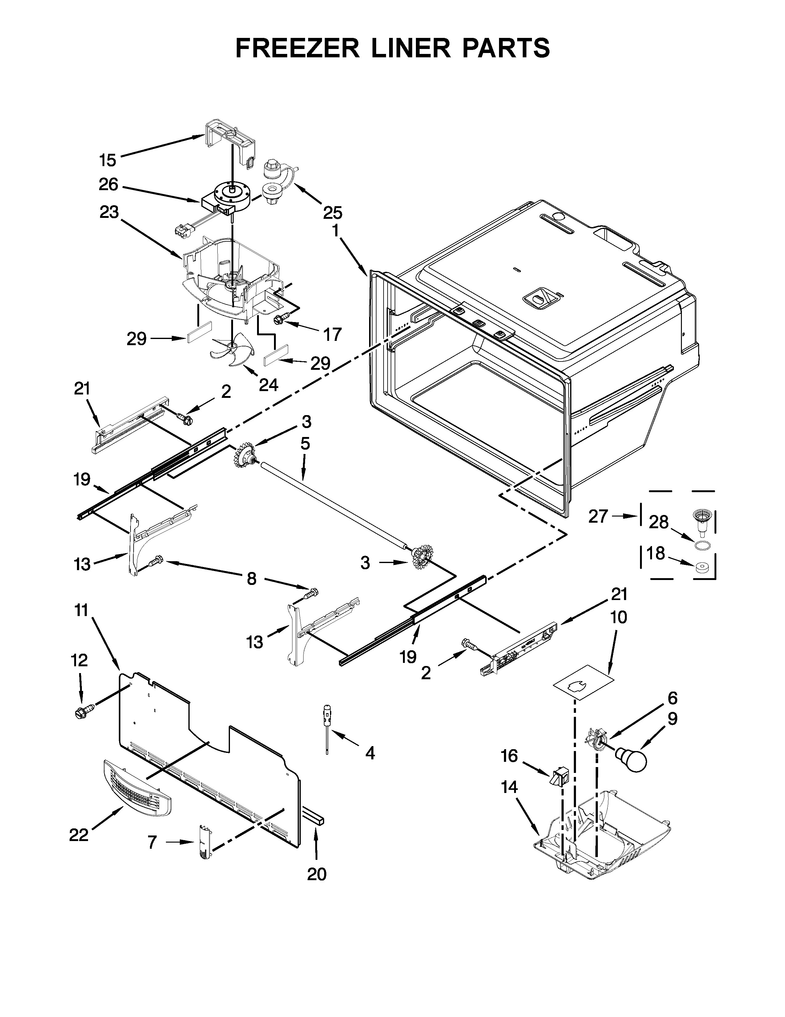 Freezer Liner Parts Diagram and Parts List for MFI2269DRH00  Maytag Refrigerator