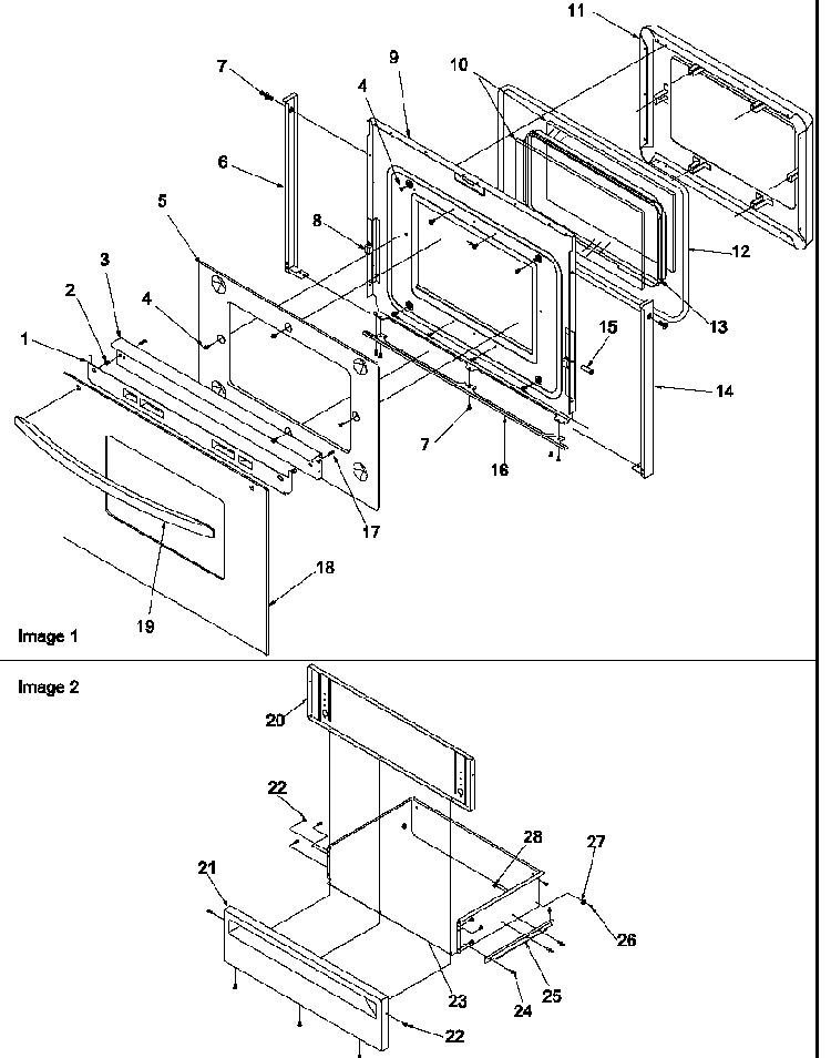 Oven Door And Storage Drawer Diagram and Parts List for ARTC7511E-P1143643NE  Amana Range