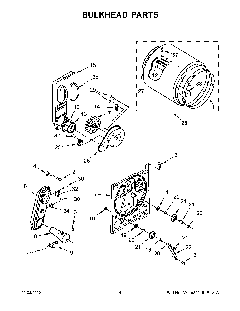Bulkhead Parts Diagram and Parts List for 11070222514  Kenmore Dryer