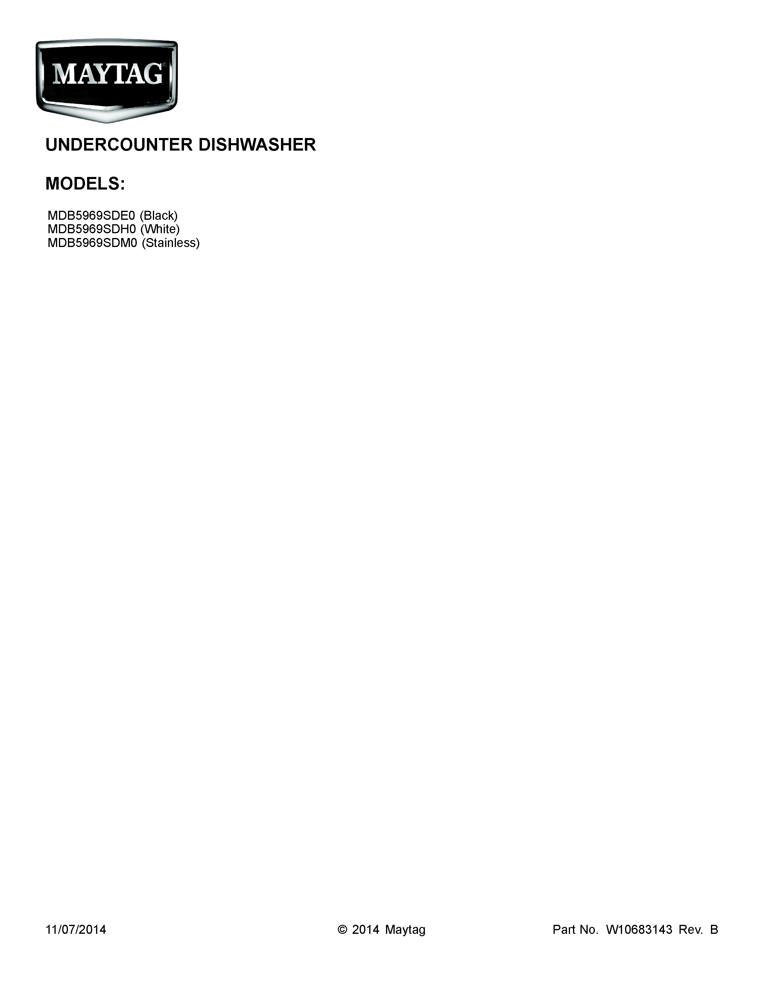 Cover Sheet Diagram and Parts List for MDB5969SDH0  Maytag Dishwasher