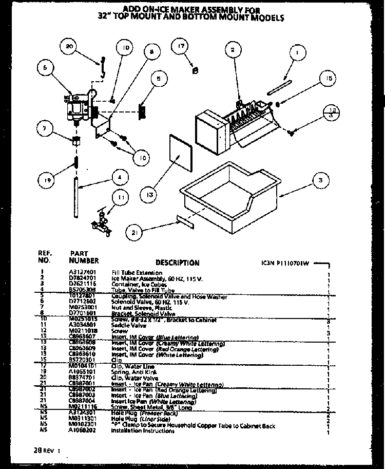Icemaker Diagram and Parts List for 85161W-P1117111WW  Amana Refrigerator