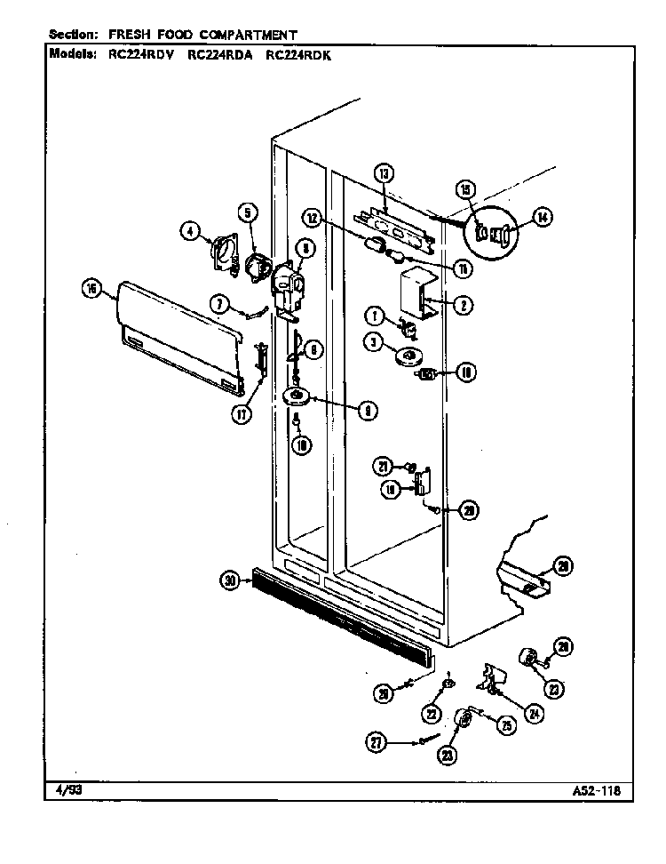 Fresh Food Compartment Diagram and Parts List for RC224RDA DS36B Magic Chef Refrigerator