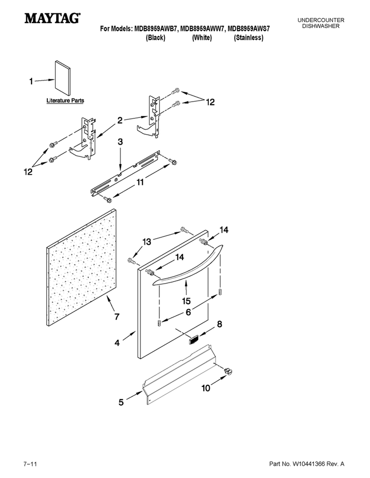 Door And Panel Parts Diagram and Parts List for MDB8959AWB7  Maytag Dishwasher