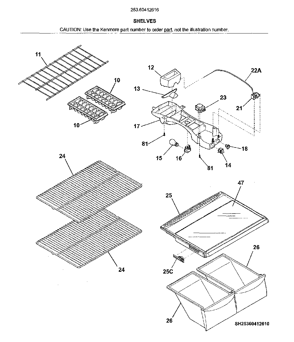 Shelves Diagram and Parts List for 25360412616  Kenmore Refrigerator