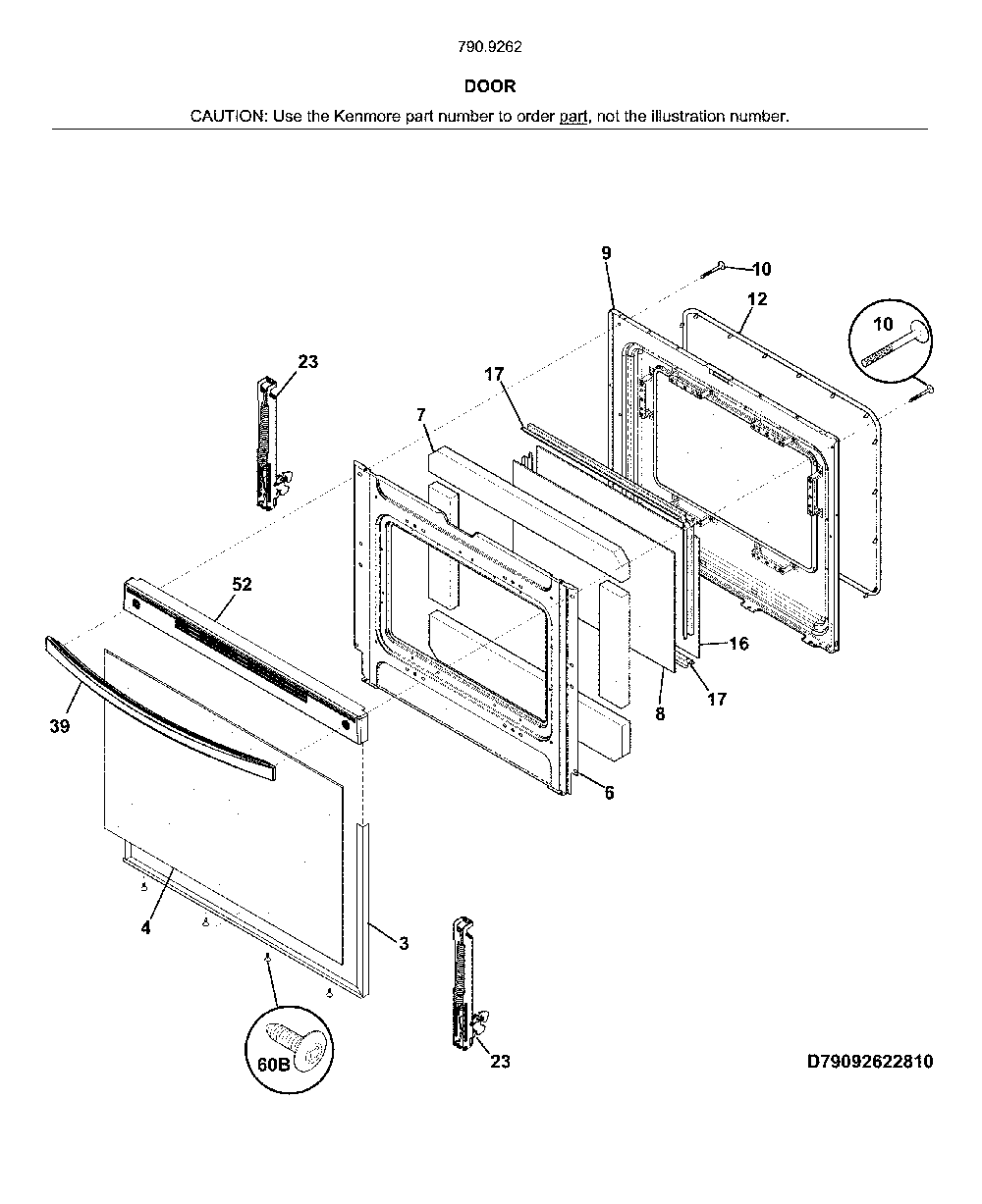 Door Diagram and Parts List for 79092622810  Kenmore Range