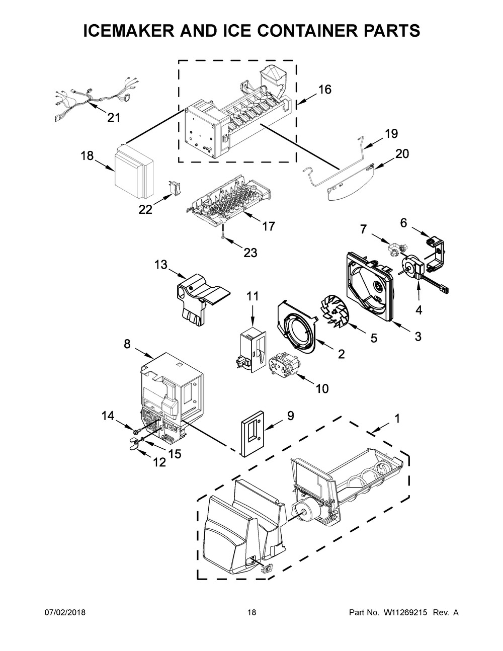 Icemaker And Ice Container Parts Diagram and Parts List for MFI2269FRZ03  Maytag Refrigerator