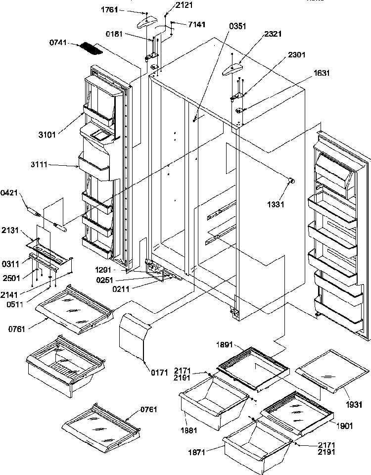 Refrigerator/freezer Shelves, Lights, And Hinges Diagram and Parts List for SXD520TW-P1310001WW  Amana Refrigerator