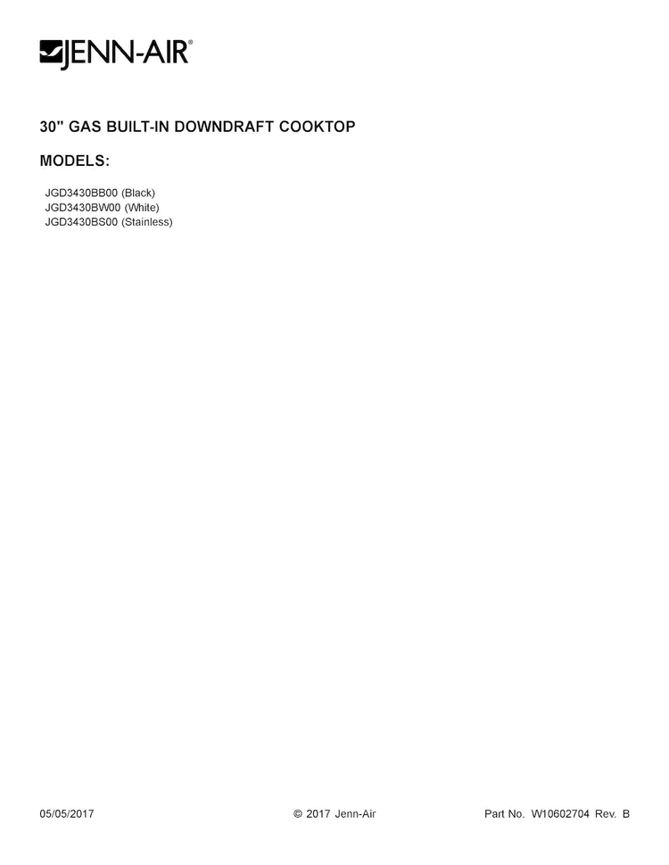Cover Sheet Diagram and Parts List for JGD3430BB00  Jenn-Air Cooktop