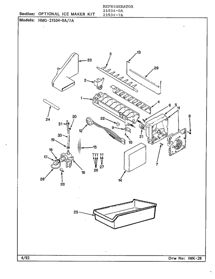 Optional Ice Maker Kit Diagram and Parts List for 21534-7A  Admiral Refrigerator