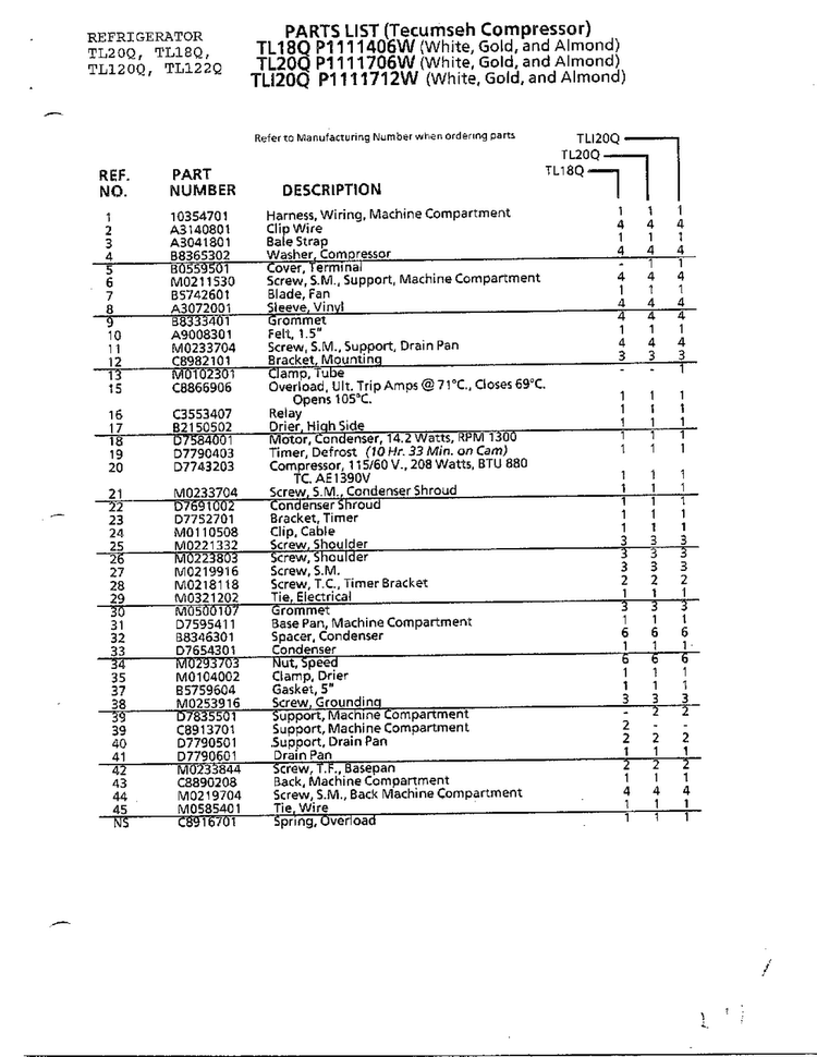 Tecumseh Compressor Page 2 Diagram and Parts List for TL120Q  Amana Refrigerator