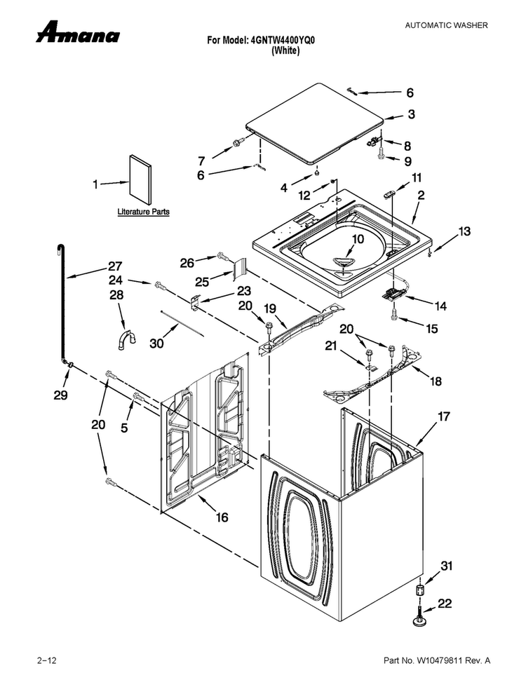 Top And Cabinet Parts Diagram and Parts List for 4GNTW4400YQ0  Amana Washer