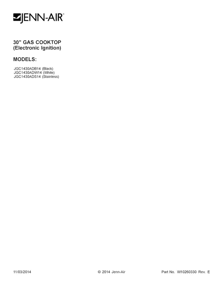Cover Sheet Diagram and Parts List for JGC1430ADB14  Jenn-Air Cooktop