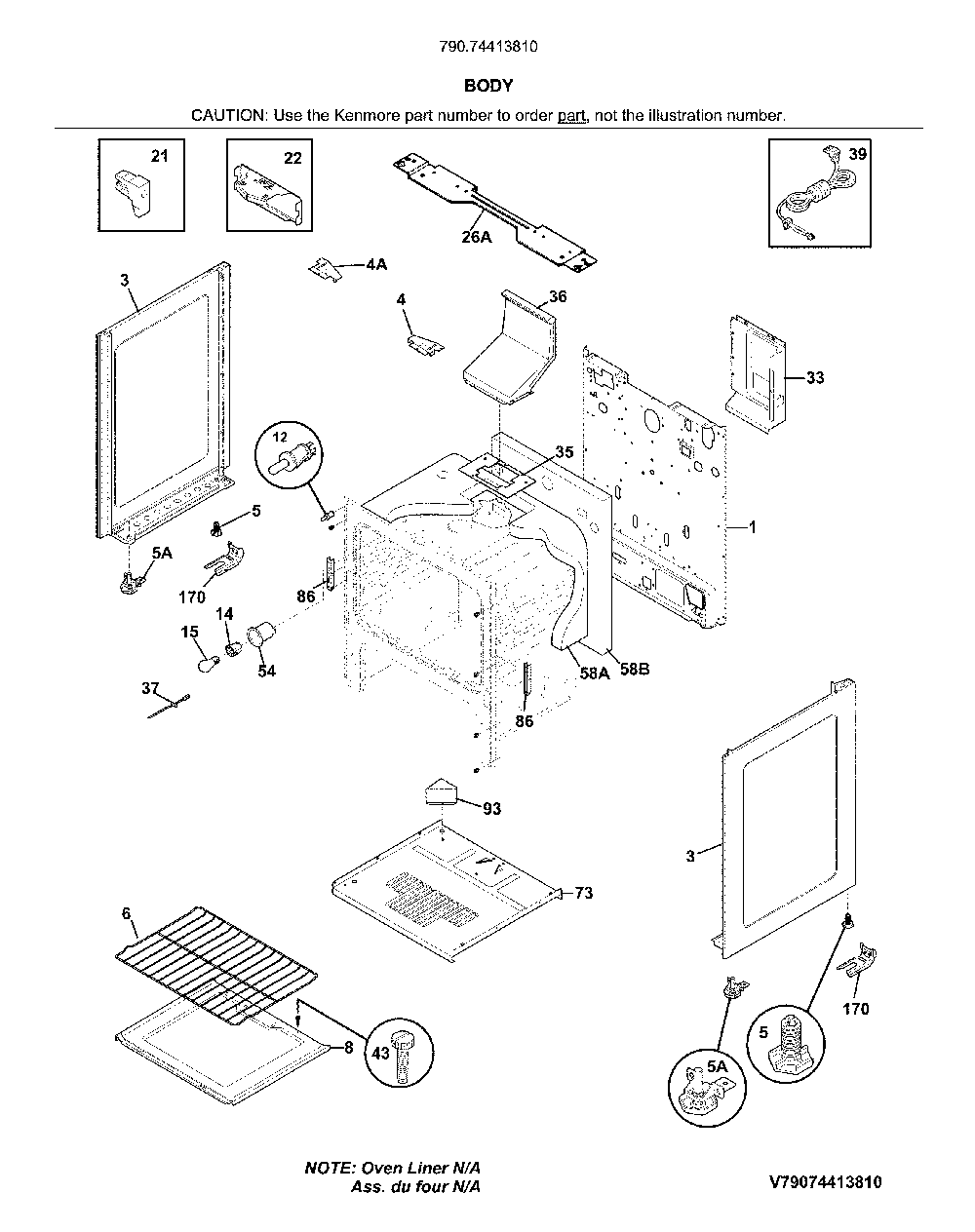 Body Diagram and Parts List for 79074413810  Kenmore Range