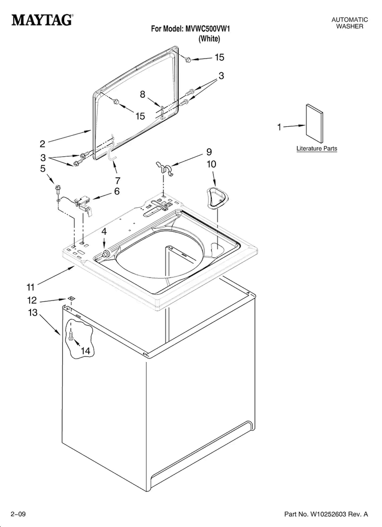 Top And Cabinet Parts Diagram and Parts List for MVWC500VW1  Maytag Washer