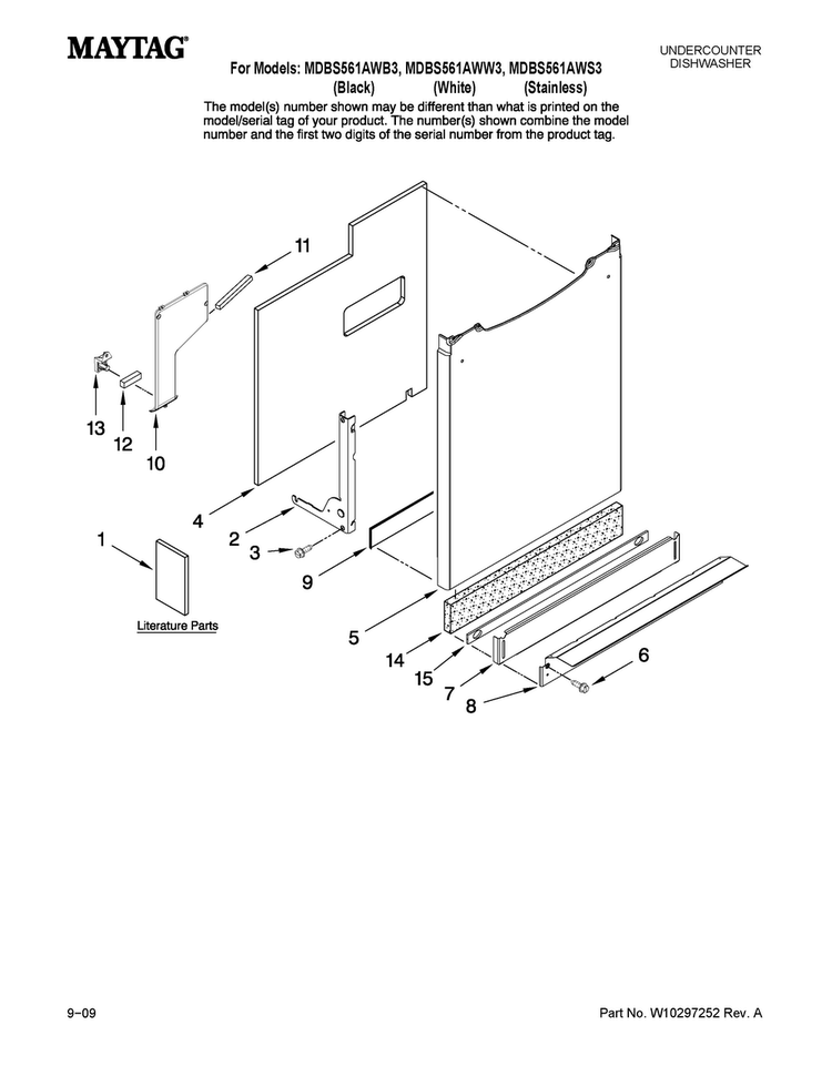 Door And Panel Parts Diagram and Parts List for MDBS561AWS3  Maytag Dishwasher