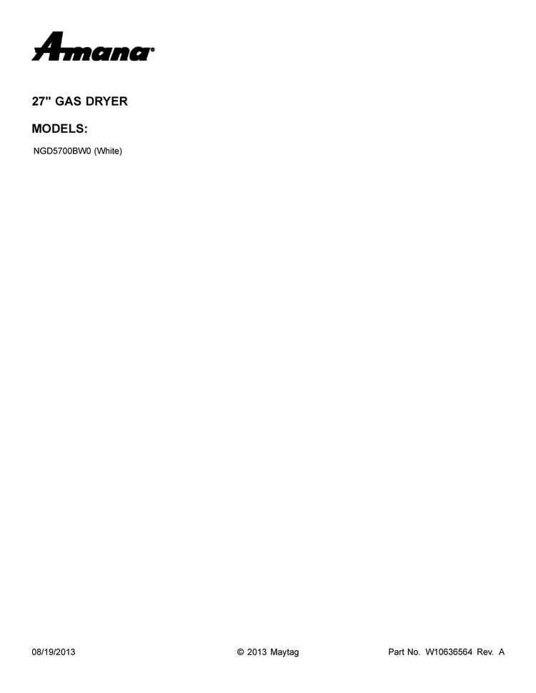Cover Sheet Diagram and Parts List for NGD5700BW0  Amana Dryer