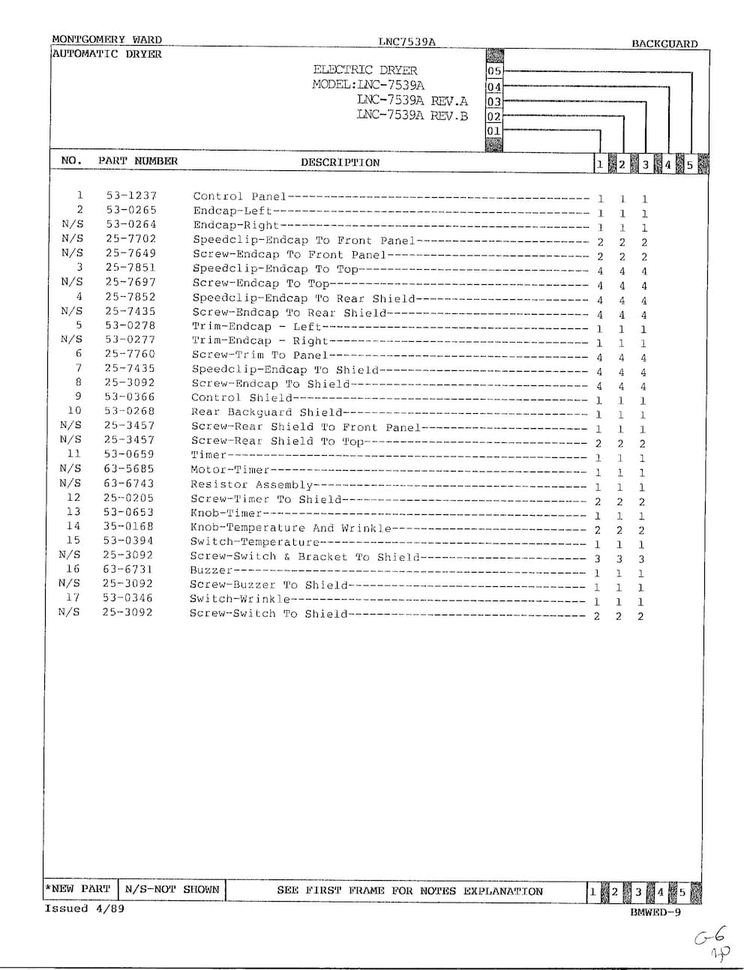 Backguard Page 2 Diagram and Parts List for 7539A REV A Norge Dryer