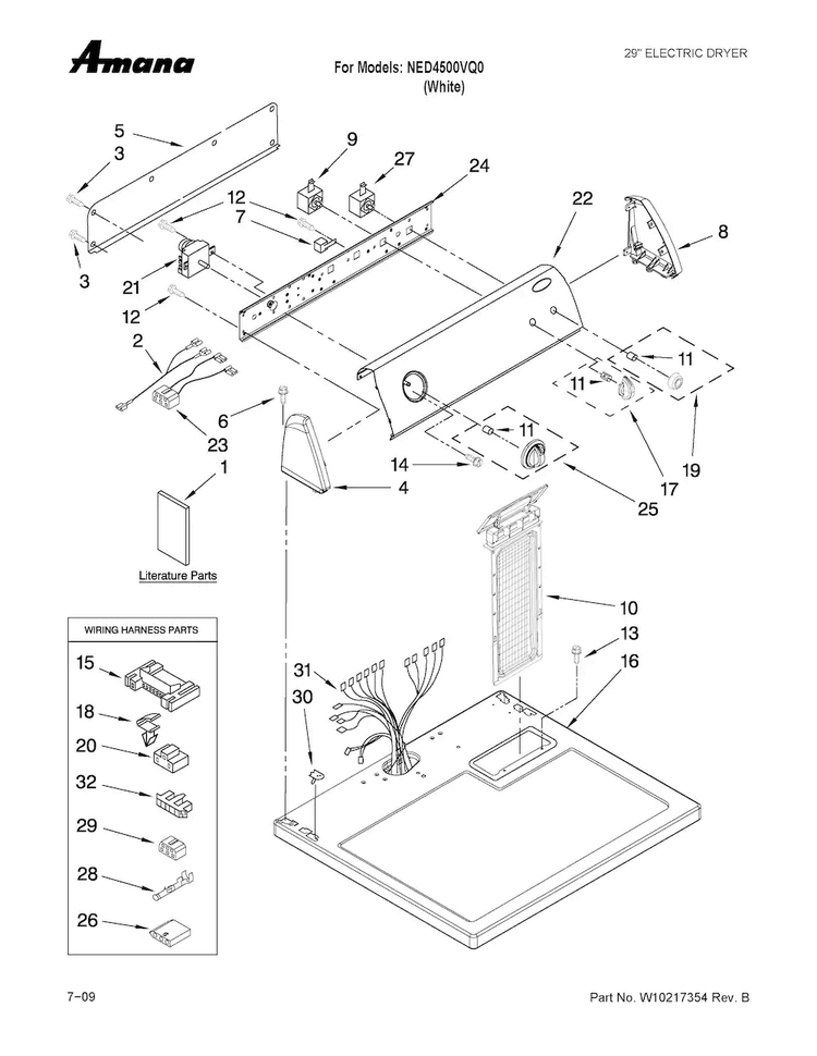 Top And Console Parts Diagram and Parts List for NED4500VQ0  Amana Dryer
