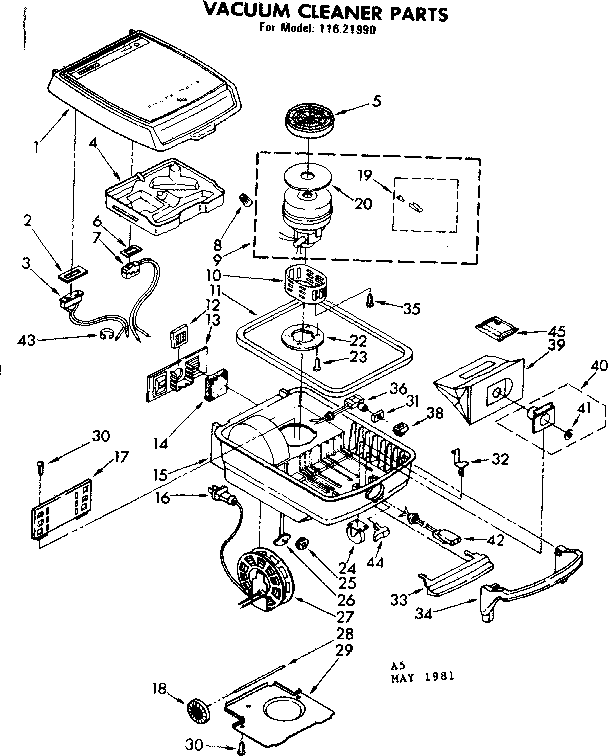 Base Assembly Diagram and Parts List for 11621990  Kenmore Canister Vacuum