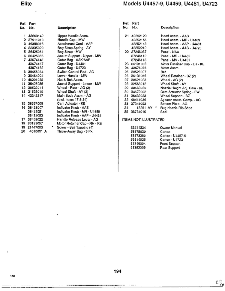 Elite Page 2 Diagram and Parts List for U4723  Hoover Upright Vacuum