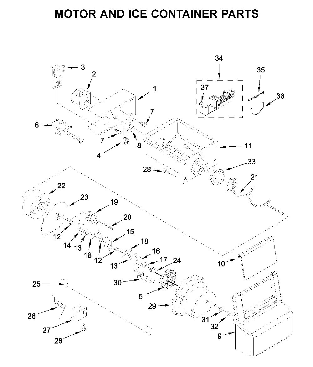 Motor And Ice Container Parts Diagram and Parts List for 1064650042714  Kenmore Refrigerator