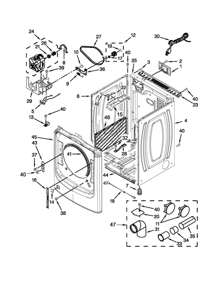 Cabinet Parts Diagram and Parts List for MGD3000BW0  Maytag Dryer