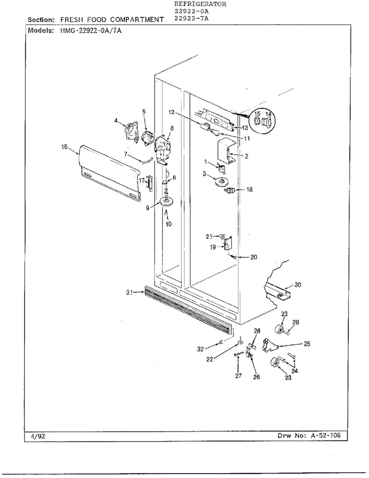 Fresh Food Compartment Diagram and Parts List for 22922-7A  Admiral Refrigerator