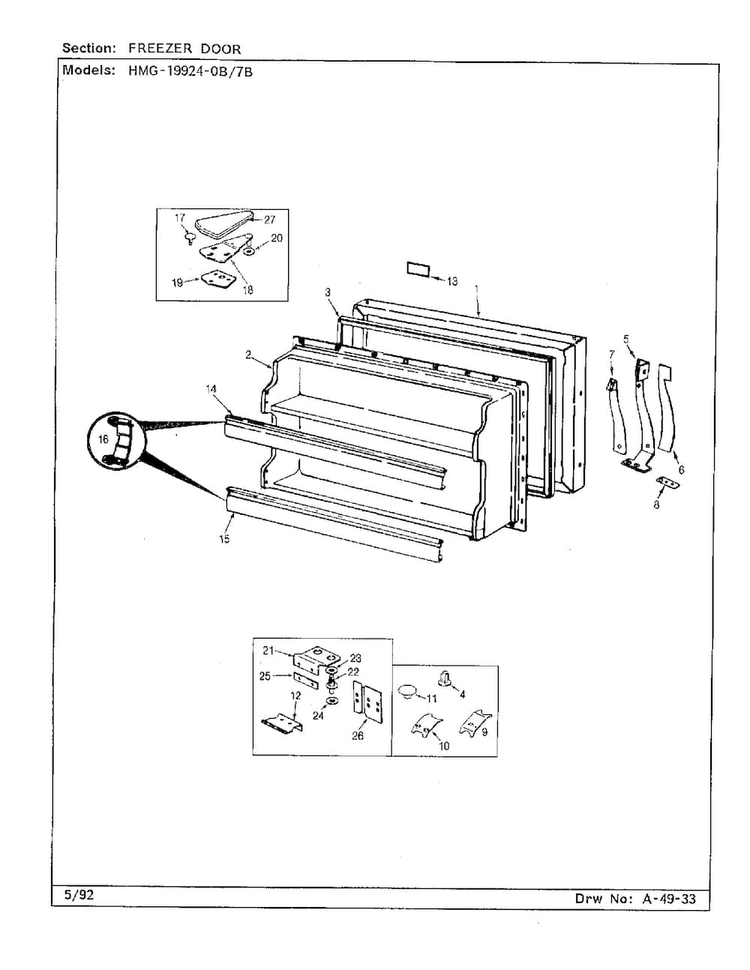 Freezer Door Diagram and Parts List for 19924-0A  Admiral Refrigerator