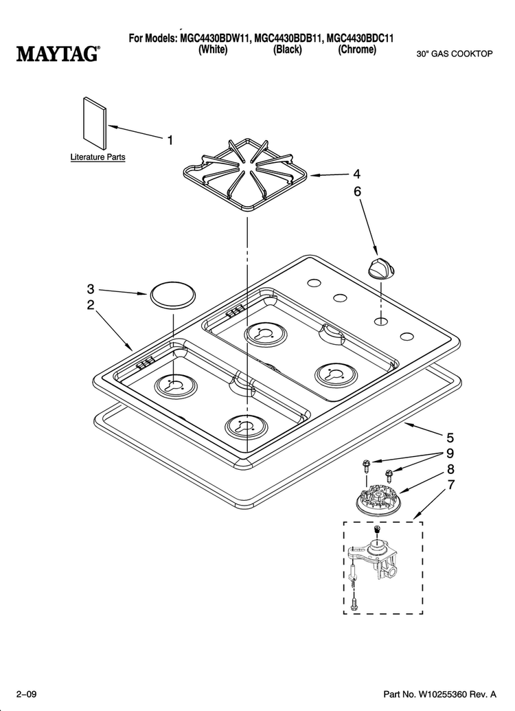 Cooktop, Burner And Grate Parts Diagram and Parts List for MGC4430BDB11  Maytag Cooktop