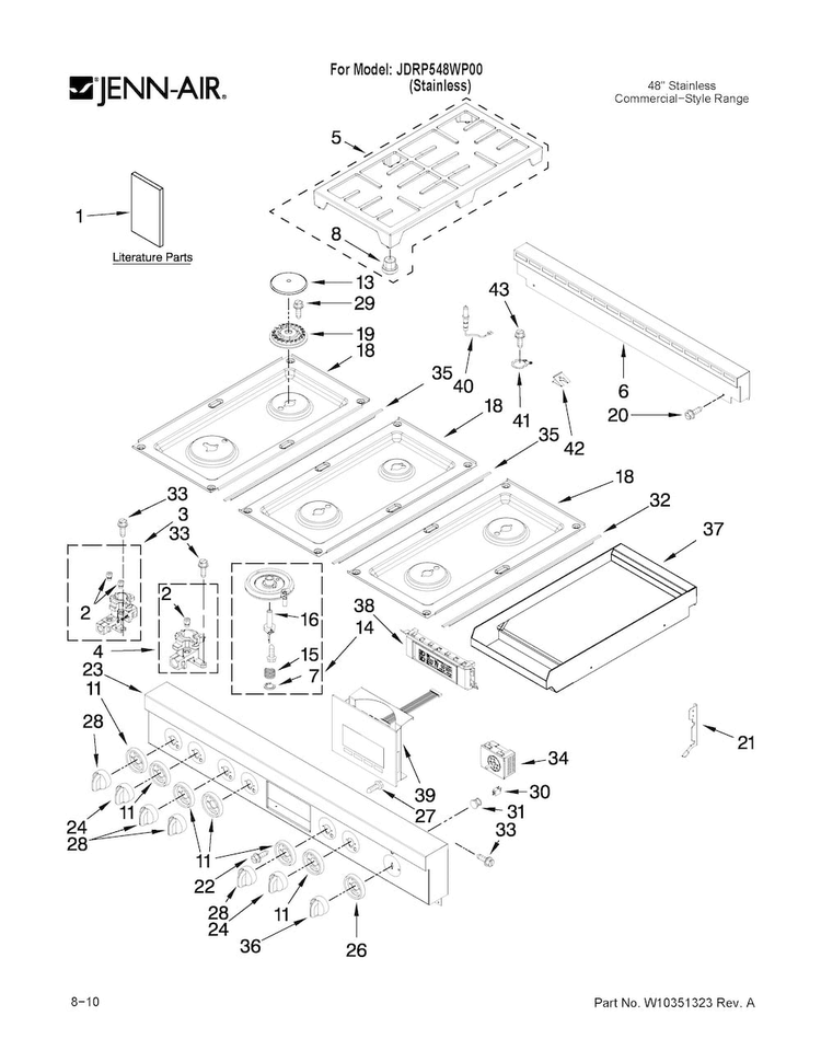 Cooktop, Burner And Grate Parts Diagram and Parts List for JDRP548WP00  Jenn-Air Range