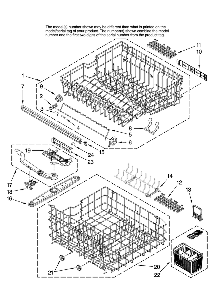 Upper And Lower Rack Parts Diagram and Parts List for JDB1080AWB36  Jenn-Air Dishwasher