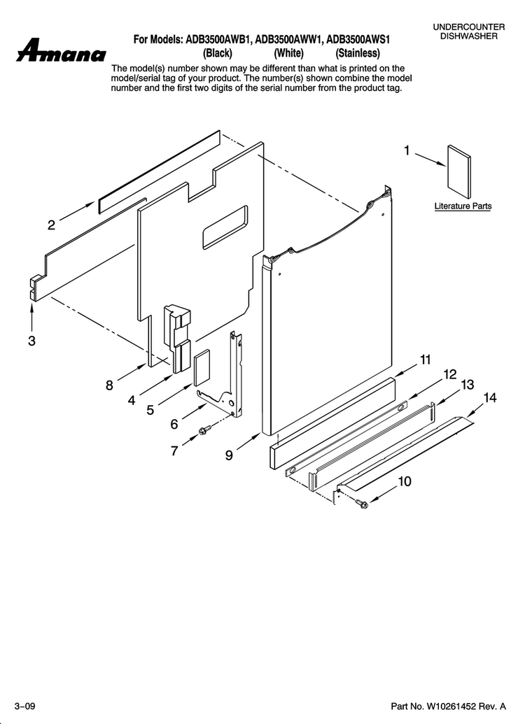 Door And Panel Parts Diagram and Parts List for ADB3500AWS1  Amana Dishwasher
