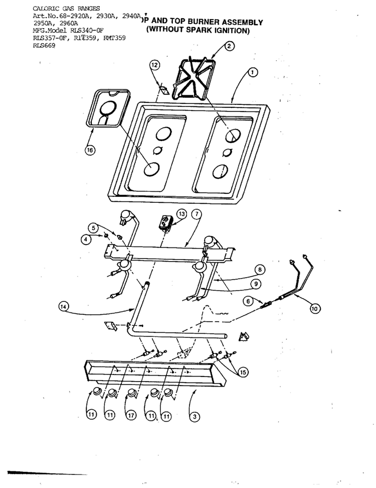 Top And Top Burner Assy Diagram and Parts List for 2940A  Amana Range