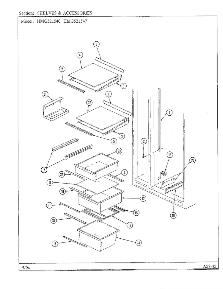 Shelves And Accessories Diagram and Parts List for 52154  Admiral Refrigerator
